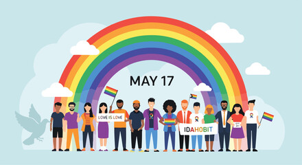 A diverse group stands under a rainbow © Junet