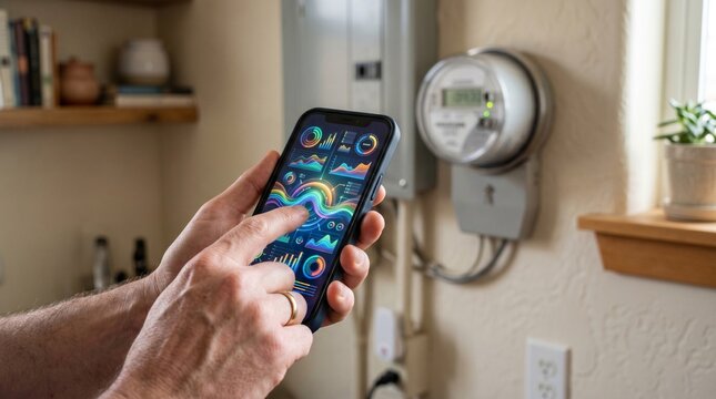 Person checks smart meter data using smartphone app in home kitchen during afternoon