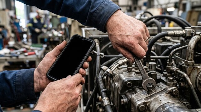 Worker uses a mobile phone while repairing machinery in a workshop during daytime in a busy industrial setting