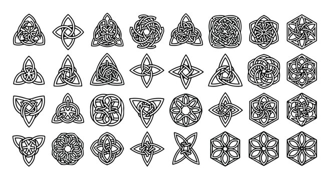 Intricate Celtic knotwork patterns collection on white background, representing ancient symbols and endless design elements, ideal for cultural art, graphic design, and historical themes.