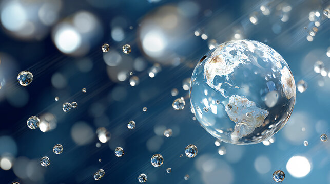 Earth Globe in Water Droplets with Light Effects, Abstract Concept Image