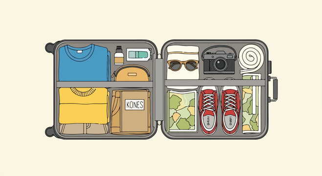 A suitcase packed with clothing, shoes, and accessories