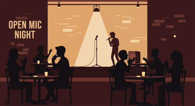 A performer on stage at an open mic night