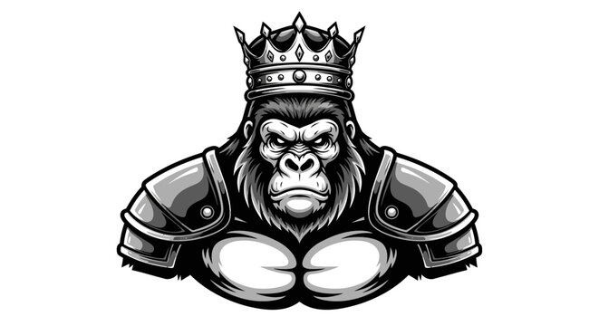 Muscular gorilla king mascot in knight armor with crown.