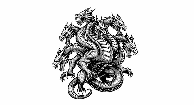Multi-headed hydra dragon illustration in detailed fantasy style.