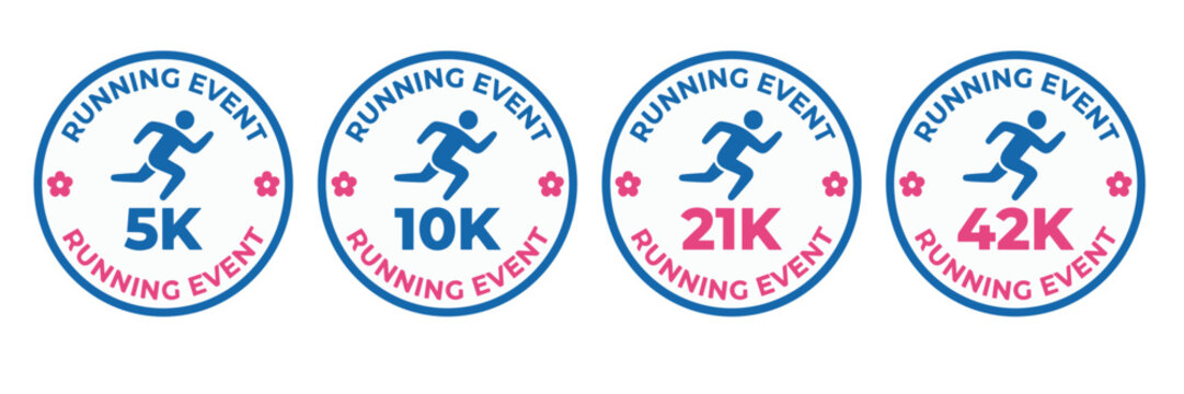 Marathon running event badge set. Distance mileage trackers, runner stick figures, circle sports medals, pink flower decorations, race competition seals and fitness training achievements.
