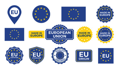 European Union badge and label set. Blue and yellow stars, made in Europe seals, quality assured origin stamps, certified product emblems and continent flag symbols. ©  AR Studio Company