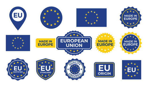 European Union badge and label set. Blue and yellow stars, made in Europe seals, quality assured origin stamps, certified product emblems and continent flag symbols.