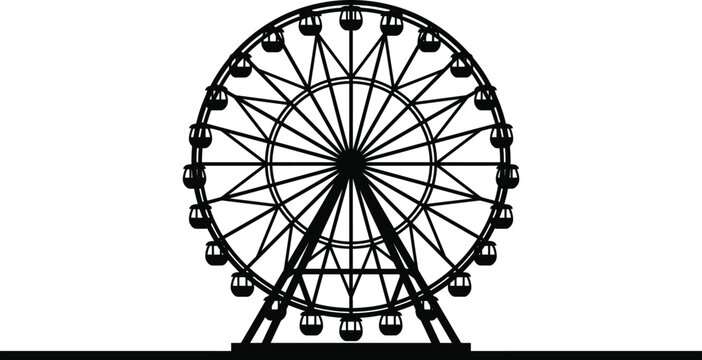 Ferris Wheel Silhouette Against White Background Black Linear Illustration