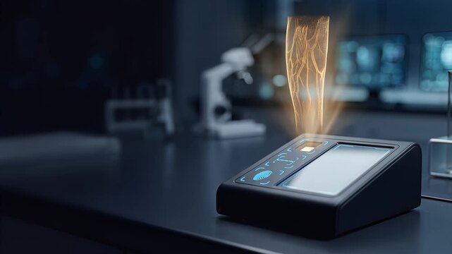 Amber gold vein structure hologram pulsing above a fintech authentication terminal