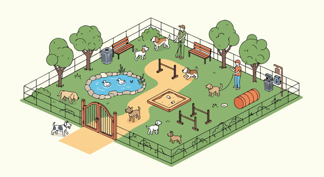 A dog park with various dogs and people