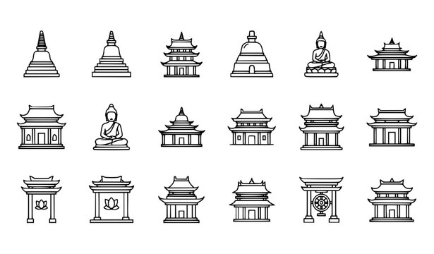 Editable stroke Buddhist temple and pagoda vector icon set