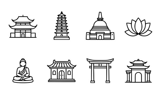 Buddhist temple outline icon collection with pagodas stupas and Buddha symbols