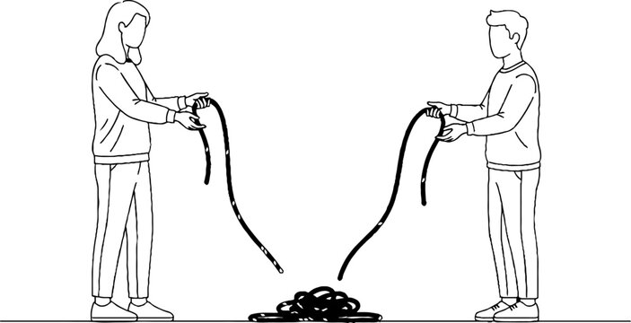 Two People Pulling Apart Black Tangled Wires Together.