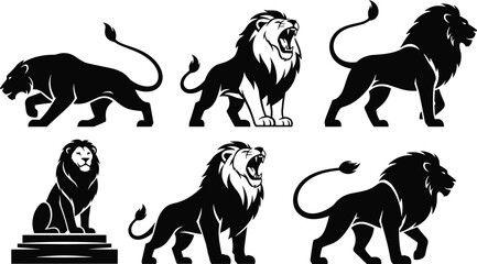 Stylized collection of lion illustrations in prowling, roaring, sitting, and walking poses with bold silhouettes and detailed mane © Muntaseer