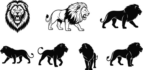 Stylized collection of lion illustrations in roaring, walking, and standing poses with detailed mane and silhouette designs © Muntaseer