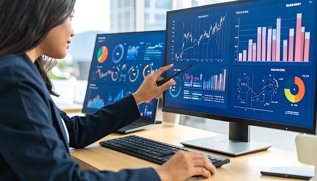 A woman analyzing data on two computer screens