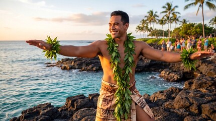 Naklejka premium Smiling Hawaiian Man Performing Traditional Hula Dance by the Ocean at Sunset