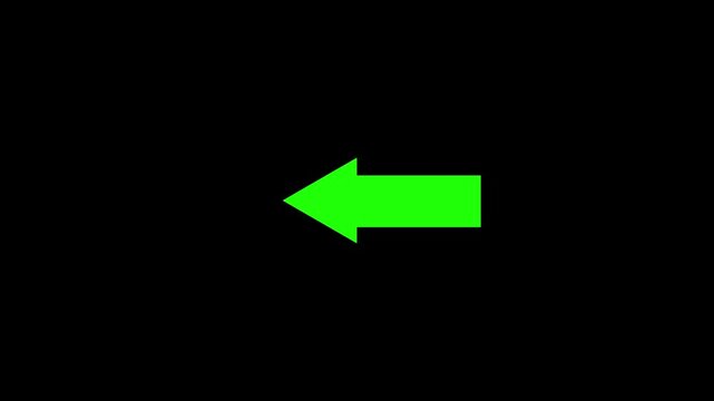 Directional arrow animation.. green color a moving arrow pointing to the left. arrow pointing right to left direction on black background loop.