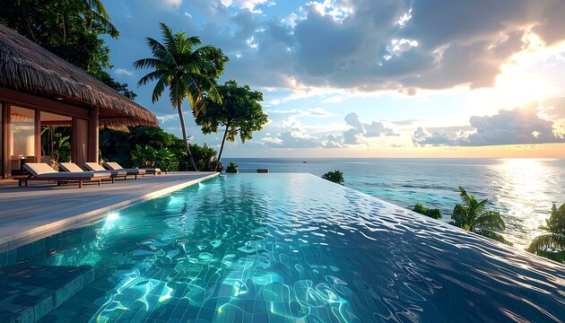 A serene infinity pool overlooking the ocean at sunset (892)