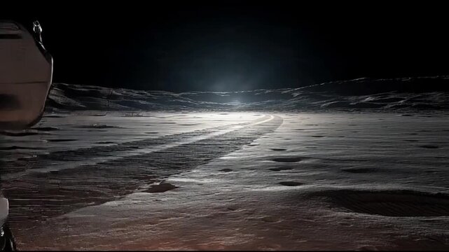 Robotic moon rover traversing a dark lunar landscape with headlights
