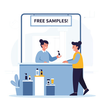 A person receiving a free sample from a vendor