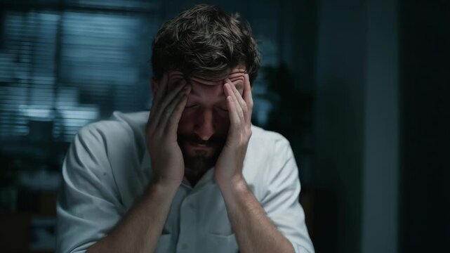 Man Hiding Face In Hands In Dimly Lit Office At Night