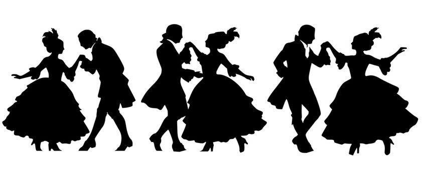 Vector silhouette of three pairs of dancers in flowing historical attire performing formal ballroom steps. Symbol of elegance, rhythm, and classical dance tradition.