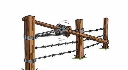 Obraz premium Wooden fence posts with barbed wire and a tensioning spool