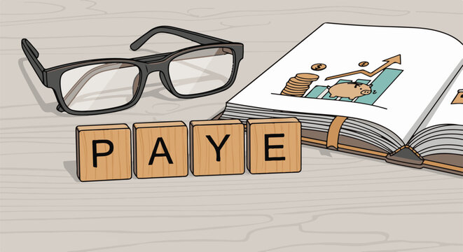 Wooden blocks spell out "PAYE" next to glasses and open book with financial chart
