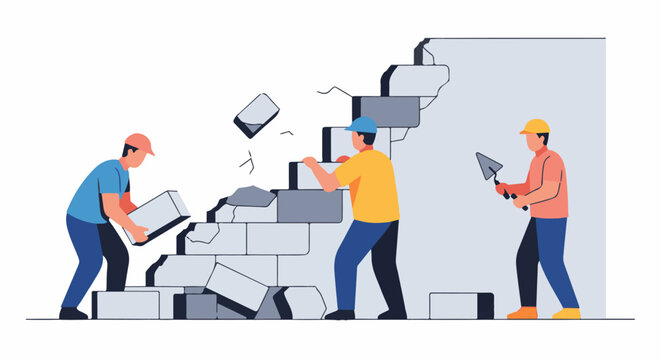 Workers dismantling a crumbling brick wall
