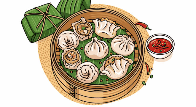 Assortment of dumplings and wrapped parcels in bamboo steamer with chili dipping sauce