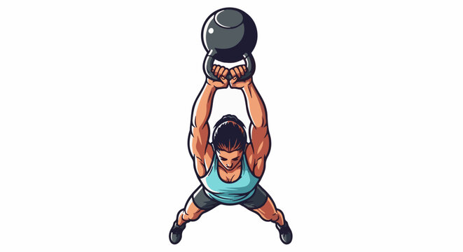 Athletic individual performing a kettlebell overhead press exercise with muscular physique