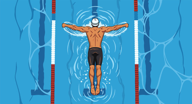 Athlete in a swimming pool performs a backstroke with arms spread wide