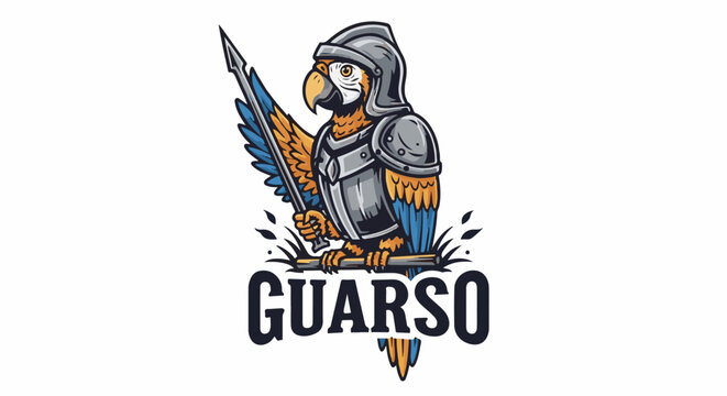 Armored parrot holding a sword, perched on a branch