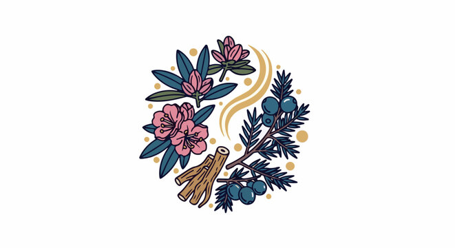 Botanical illustration of pink flowers, juniper berries, and wood pieces