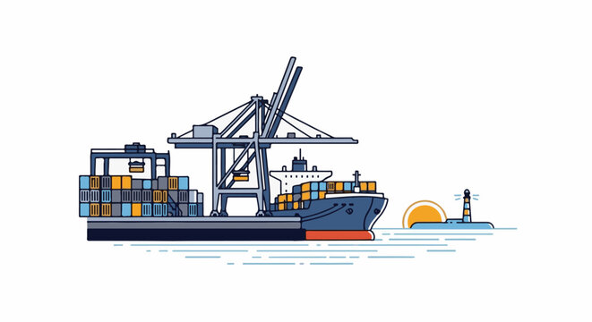 Cargo ship loading containers at port with lighthouse at sunset