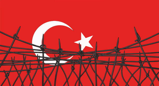Barbed wire barrier in front of a red background with a crescent moon and star