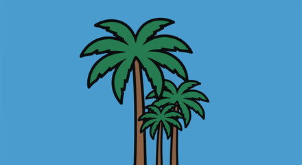 Fototapeta premium Cartoon palm trees with green fronds and brown trunks against a blue sky