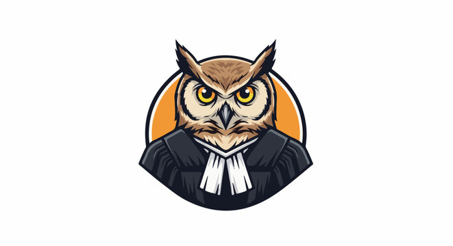 Cartoon owl in judicial robes with yellow eyes and orange circular background