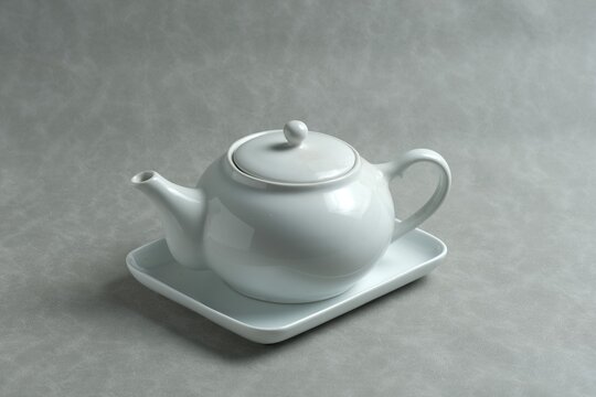 Elegant white ceramic teapot isolated on a gray background, classic kitchenware concept with copy space.White tea pot or teko on brown background