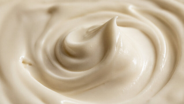 Macro shot of a thick white cosmetic cream swirl. Smooth and glossy texture of moisturizing lotion. Skincare and beauty product concept
