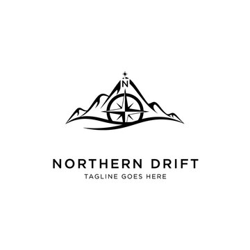 Sleek vector logo combining a compass rose with mountain peaks, suitable for navigation apps, travel agencies, and outdoor gear.