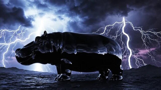 Surreal black glass hippo standing on rocky ground with a lightning storm in the background