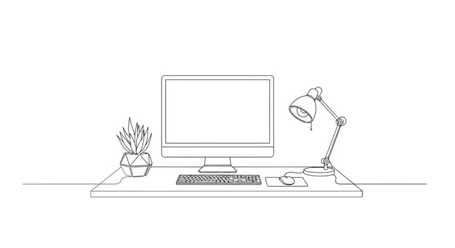 Minimalist home office setup with computer, keyboard, mouse, desk lamp, and plant