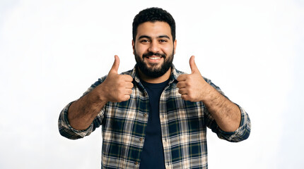 Fototapeta premium Happy bearded man in plaid shirt giving two thumbs up gesture of approval and success, smiling broadly at camera PNG Isolated on transparent background