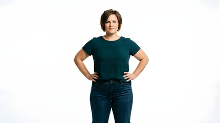 Fototapeta premium Confident woman with hands on hips wearing a teal blouse and blue jeans, looking directly at the camera with a slight smile PNG Isolated on transparent background