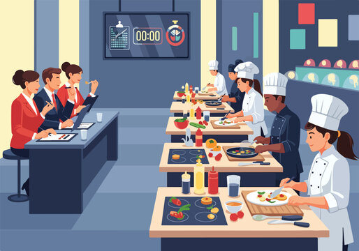 A group of chefs preparing food while judges observe from a table