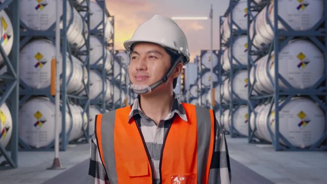 Front View of Asian Male Engineer Waving Hand Saying Bye While Walking with Chemical Tanks