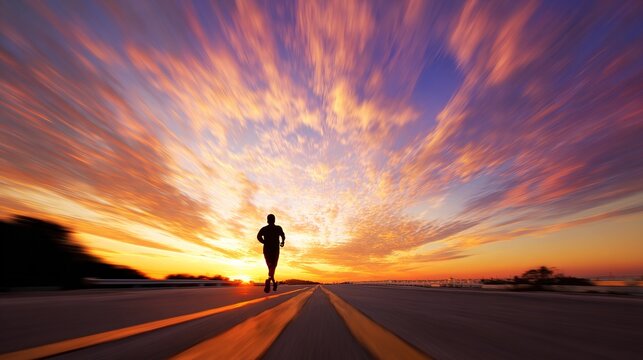 marathon. Silhouette of a runner at sunset with vibrant sky, conveying motion and energy in high contrast. inspiring travel planning.